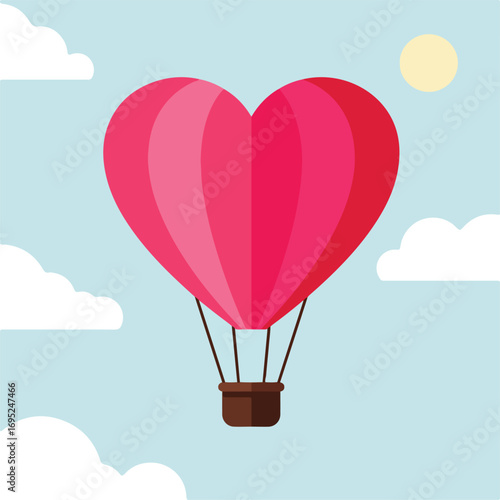 Heartshaped hot air balloon in sky clouds and sunshine. Suitable for travel, romance, valentines day, love, aerial designs, and celebrations.