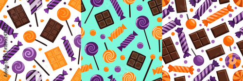 Colorful seamless vector pattern featuring chocolate bars, lollipops, and candies. Perfect for packaging, backgrounds, textiles, and festive holiday designs.