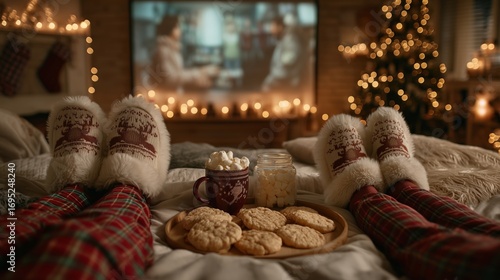 Cozy Winter Night Holiday Scene with warm Christmas slippers, cookies and watching TV by the tree.