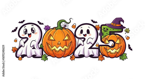 Cute Halloween 2025 illustration with cheerful ghosts, jack-o'-lanterns, bats, and candy corn, perfect for festive holiday designs and new year celebrations.. isolated on transparent background