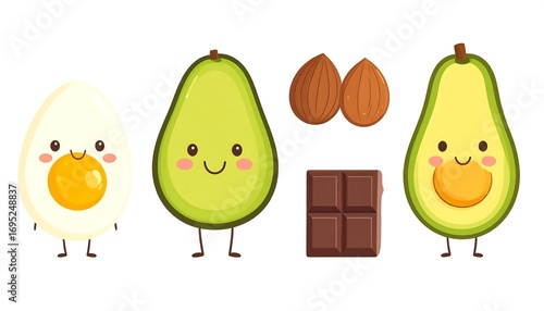 Cheerful Cartoon Ketogenic Diet Ingredients Featuring Avocado, Egg, Almonds, and Chocolate