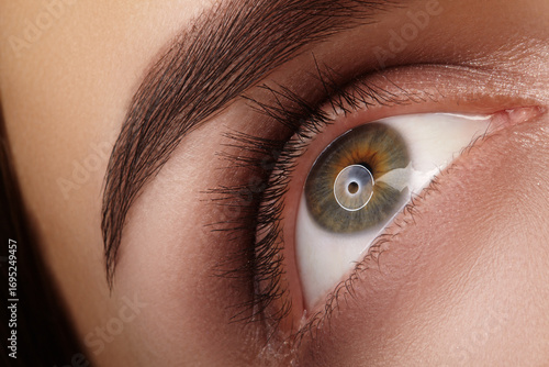 Macro closeup of green female eye with soft brown smoky makeup and thick natural brow enhanced by permanent tattoo. Concept for professional makeup, vision and eye health