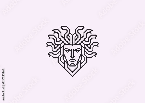 A line art Gorgon logo, inspired by Greek mythology, symbolizing fear, power, and protection