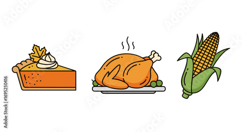Illustration of a chef's hat, slotted spatula, and frying pan arranged side by side on white background