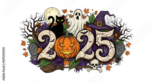 Festive Halloween 2025 Illustration with Spooky Jack-o'-lantern, Ghost, Black Cat, Witch' Hat, and Autumn Elements. isolated on transparent background. Transparent Object PNG