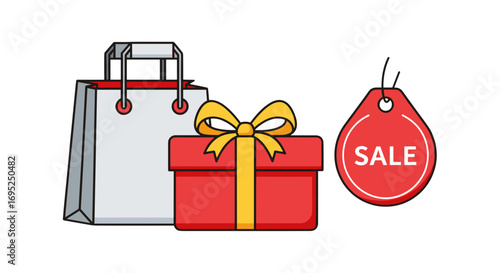 Illustration of a shopping bag, a gift box tied with a bow, and a sale tag on a white background