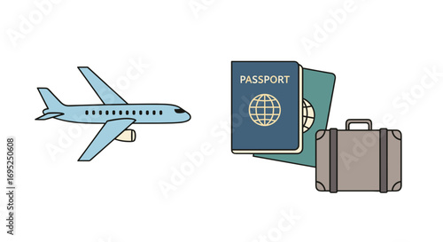 Illustration of an airplane, two passports and a suitcase depicting travel and international journey planning
