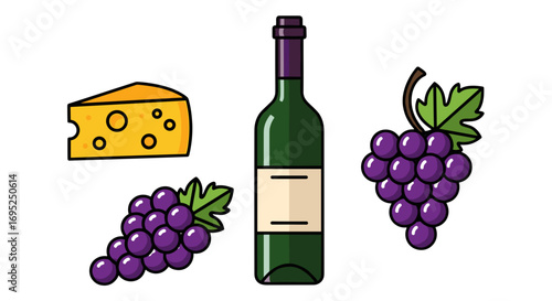 Illustration showcasing a bottle of wine, cheese wedge, and two bunches of purple grapes on white background