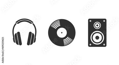 Illustration of headphones vinyl record and speaker for music listening and audio entertainment use