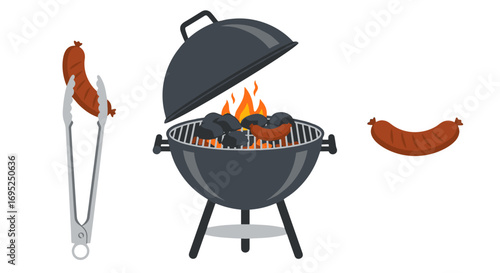 A barbecue grill with charcoal and sausages being cooked with tongs and a sausage on the side seen