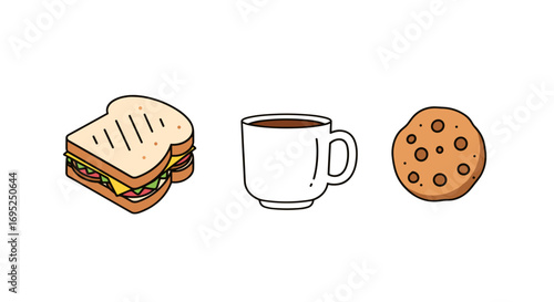 Illustration of a sandwich, a mug of coffee, and a chocolate chip cookie on a white background