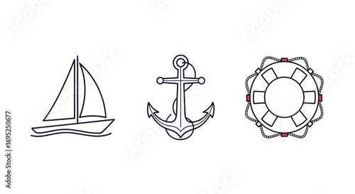 Illustration of a sailboat, an anchor, and a life preserver on a white background in a simple style