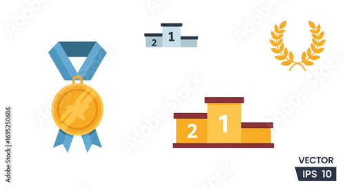 Illustration of a gold medal with blue ribbon, two podiums, and a laurel wreath on a white background