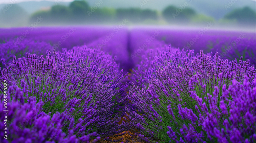 Obraz premium Lavender flower field in bloom. Rows of purple flowers stretching into the distance with a blurred background. Rural landscape agriculture
