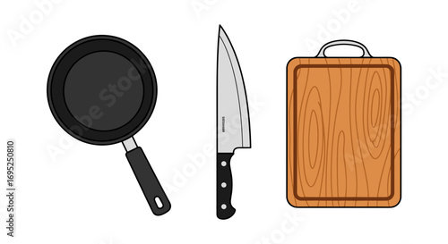 Illustration of a frying pan, a sharp kitchen knife, and a wooden cutting board on a white background