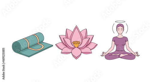 Illustration of a yoga mat a lotus flower and a woman meditating with a halo above her head