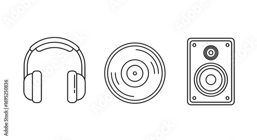 Illustration of headphones, a vinyl record, and a speaker in a minimalist black and white outline style