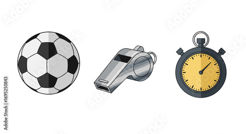 Illustration showing a soccer ball a whistle and a stopwatch laid out side by side on a white background