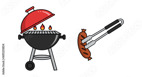 Illustration showing a barbecue grill with flames and a sausage being held by grilling tongs tool
