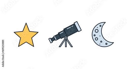 Illustration of a star, a telescope on a tripod, and a crescent moon with craters in a row on white