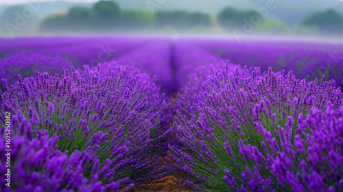 Lavender flower field in bloom. Rows of purple flowers stretching into the distance with a blurred background. Rural landscape agriculture