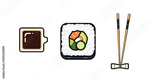 Illustration of sushi roll with avocado and salmon next to soy sauce and chopsticks on white background