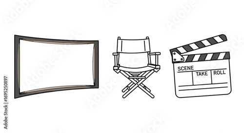 Illustration of a movie set with a screen, director's chair, and clapperboard in black and white