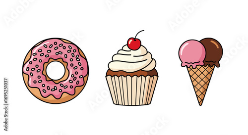 Illustration of a donut with pink frosting, a cupcake with cherry, and a double scoop ice cream cone