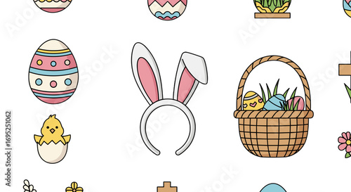A delightful easter themed pattern featuring eggs bunny ears chick basket and religious cross elements scattered