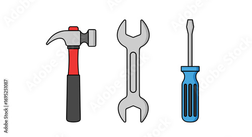 Illustration of a hammer, wrench, and screwdriver arranged vertically on a white background design tools