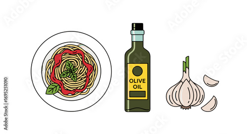Illustration of spaghetti with tomato sauce and basil next to olive oil and garlic cloves isolated