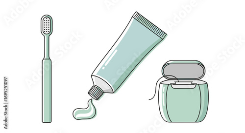 Illustration showing a toothbrush, toothpaste tube, and dental floss for oral hygiene routine care