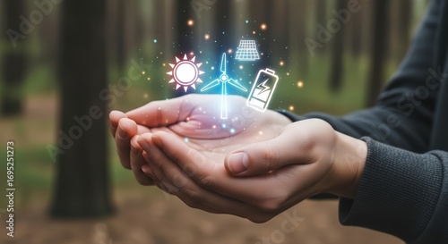 Nurturing sustainable energy solutions, hands hold glowing icons for future power generation