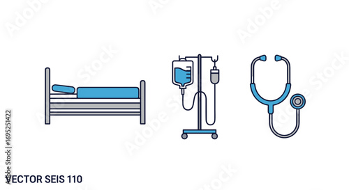 Illustration showing a hospital bed, iv drip, and a stethoscope against a white background scene setup