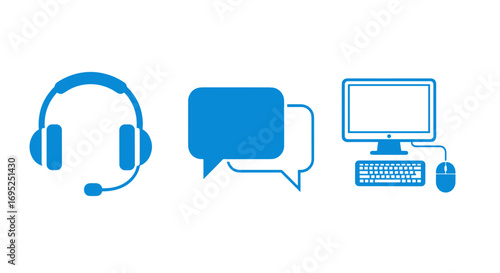 Illustration of a headset, speech bubbles, and a computer setup in a blue color scheme design