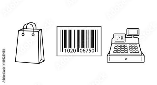 Illustration showing a shopping bag, a barcode with numbers, and a cash register in black and white