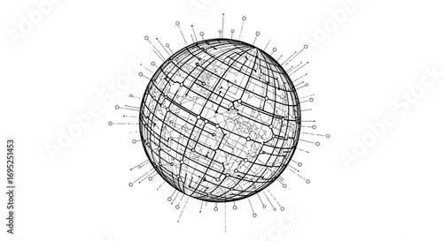 Abstract global communication network outline with data nodes and connections, a futuristic