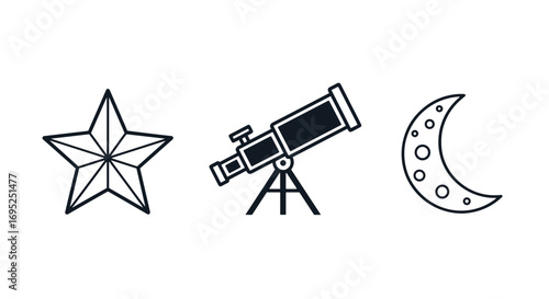 Illustration showing a star, a telescope, and a crescent moon in a simple line drawing style design