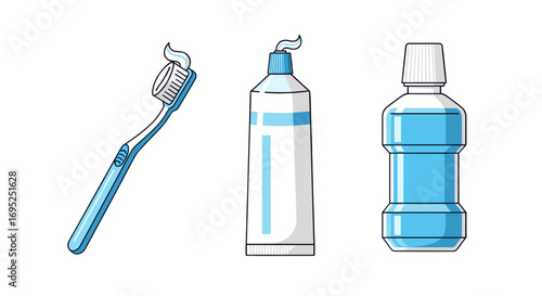 Illustration showing a toothbrush with toothpaste tube and bottle of mouthwash for oral hygiene care