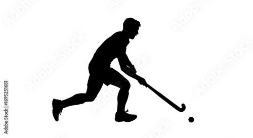 Dynamic field hockey player silhouette embodying speed and precision against a crisp white backdrop