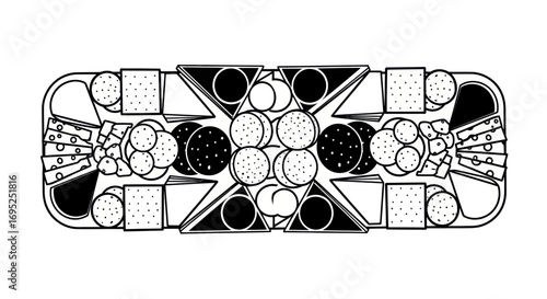 Elegant charcuterie board illustration with geometric food arrangement and monochromatic