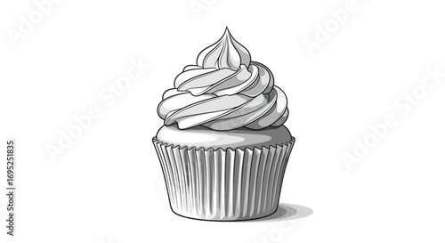 Elegant monochromatic cupcake illustration with intricate frosting and detailed liner pattern