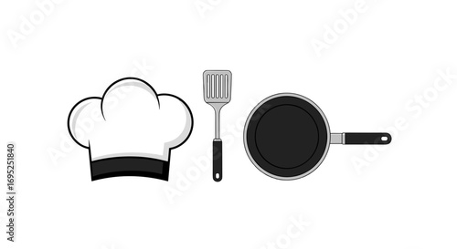 A chef's hat, a silver spatula, and a black frying pan are displayed in a simple illustration