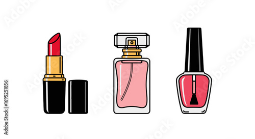 Illustration of lipstick, perfume bottle, and nail polish arranged on a white background in a row