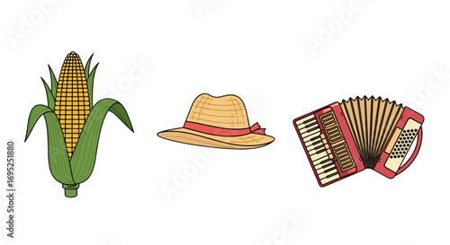 Illustration showing an ear of corn, a straw hat with ribbon, and a red accordion instrument