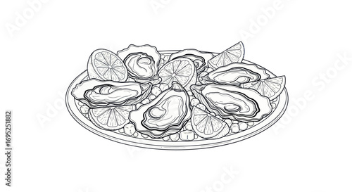 Elegant oyster illustration with lemon wedges served on a decorative plate design