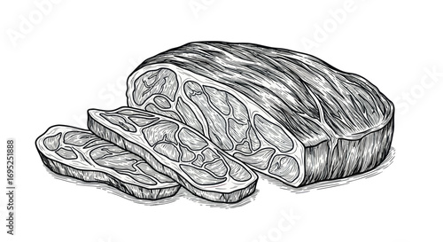Engraved illustration showcases a marbled meat cut, presented with sliced portions highlighting