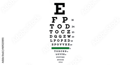 Eye test chart on white background for vision checkup and optical examination