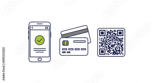 Illustration of a mobile phone with checkmark, credit cards, and a qr code for payment methods