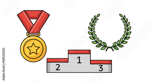 Illustration of a gold medal with a red ribbon, a laurel wreath, and a winners podium with numbers